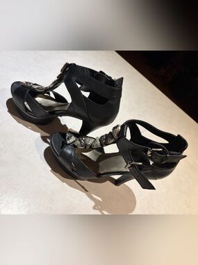 Fergie Black Strappy High Heel Platforms with Snakeskin Detail